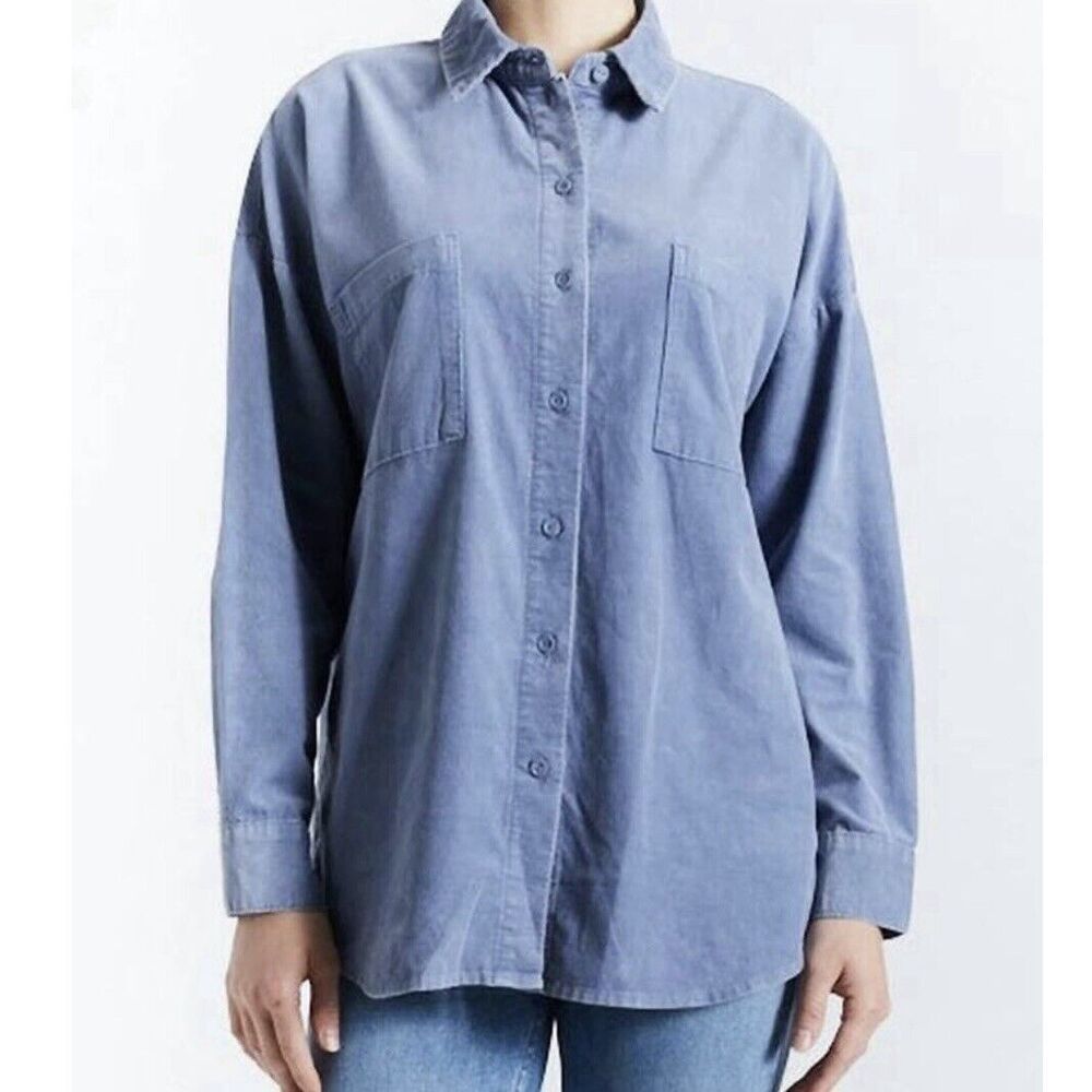 NWT Oat New York Corduroy Shacket Button Down In Blue Size Large